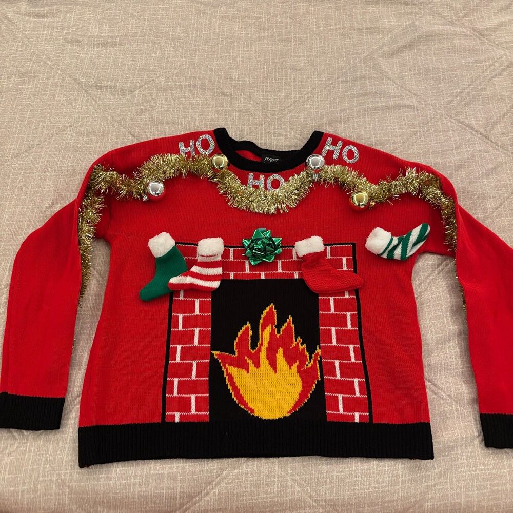 Planet Heart Womens L Ugly Christmas Sweater Fireplace Stockings Tinsel Ho Ho Ho